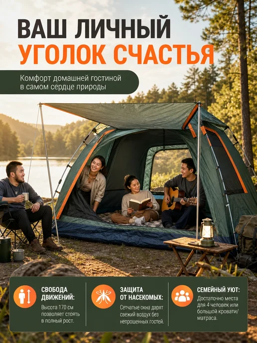 Чанг Ли Автоматическая палатка четырехместная 220х220х170, 220x220x170, фото 4