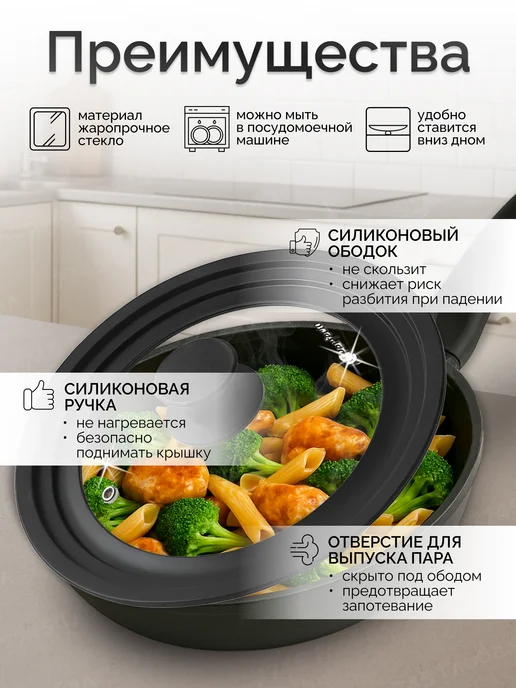 PERFECTO LINEA Крышка для сковороды с силиконовым ободом 24 26 28 см, черный, фото 2
