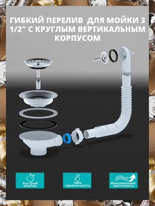 АНИ Пласт Гибкий перелив для мойки 3 1 2" с круглым верт. корпусом, вариант, фото 2