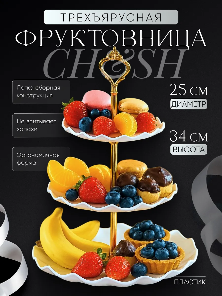 Фруктовница трехъярусная этажерка для фруктов из пластика