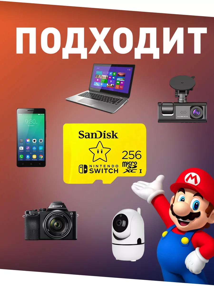 Карта памяти 256GB Class 10 Nintendo Switch V30 A1 UHS-I U3 Sandisk  160714015 купить за 3 609 ₽ в интернет-магазине Wildberries