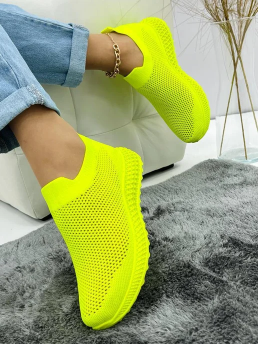 Shoe World Кроссовки летние неоновые без шнурков дышащие текстильные, зеленый, фото 2