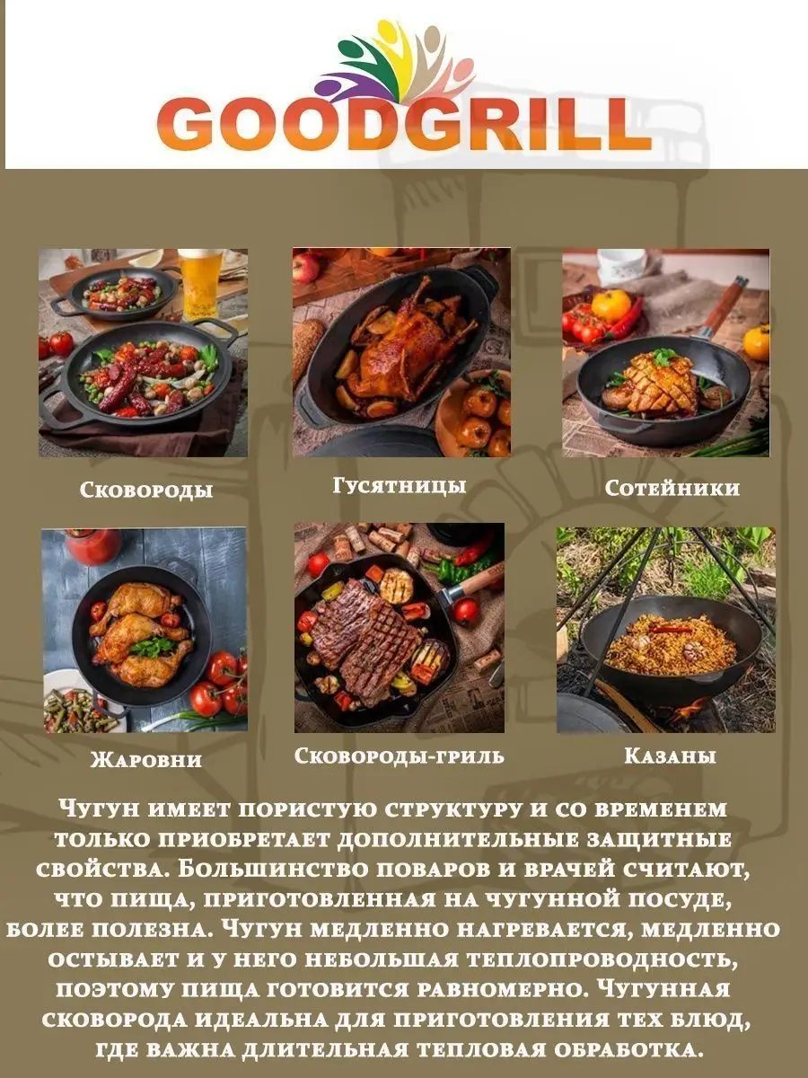 Сковорода чугунная 28 см со съемной ручкой GOODGRILL 160851468 купить за 1  305 ₽ в интернет-магазине Wildberries