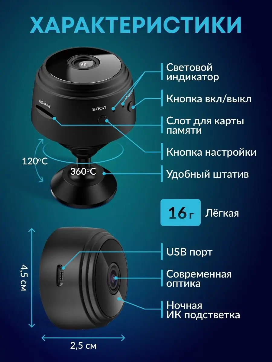 Камера видеонаблюдения мини беспроводная онлайн wifi скрытая GiperX  160959742 купить в интернет-магазине Wildberries