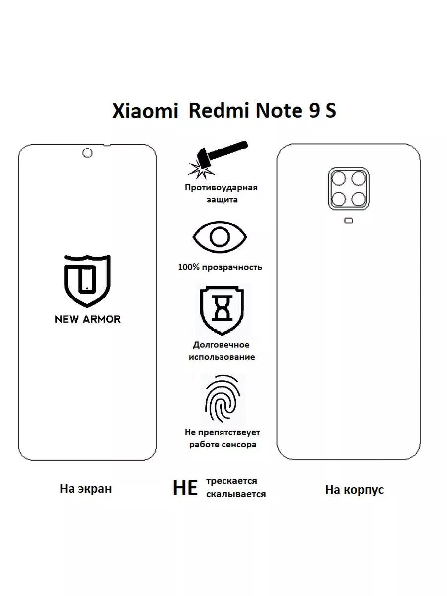 Полиуретановая защитная пленка на Xiaomi Redmi Note 9 S New Armor 161097041  купить за 331 ₽ в интернет-магазине Wildberries