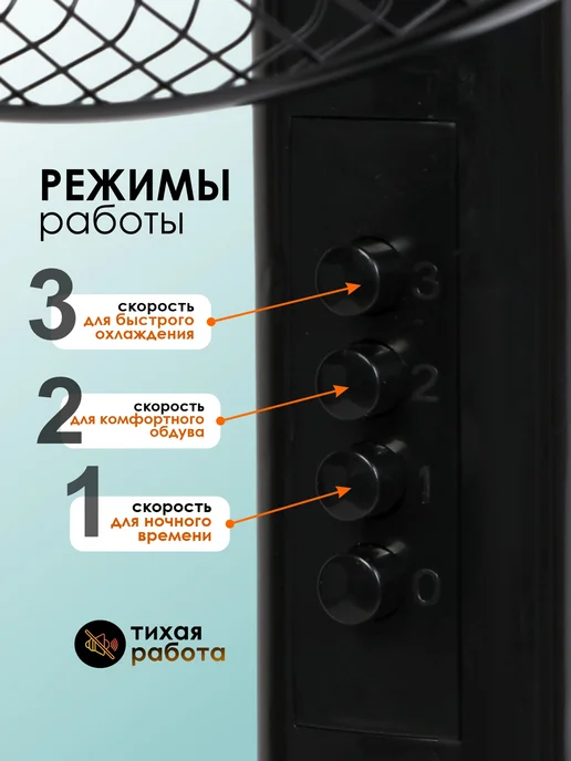 KONONO Вентилятор напольный бесшумный для дома с 3 скоростями 35W, 35 Вт, фото 3