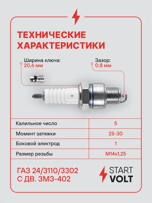STARTVOLT Свечи зажигания 4 шт для Gaz 24 3110 3302 змз-402, 4 шт, фото 3
