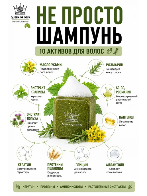 Queen of Oils Твердый шампунь кондиционер Крапива натуральный, вариант, фото 3