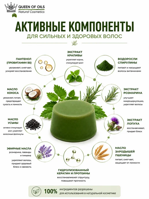 Queen of Oils Маска кондиционер для волос Крапива натуральный твердый, 50 мл, фото 4