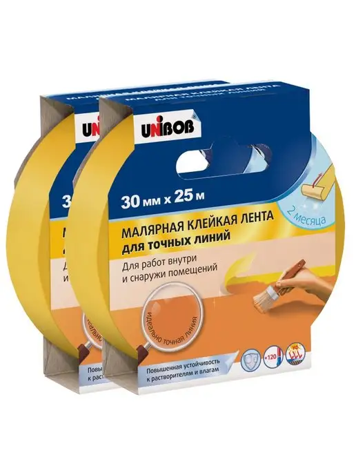 UNIBOB Малярная лента для точных линий, желтая, 30 мм х 25 м - 2 шт, 25 м, 2 шт