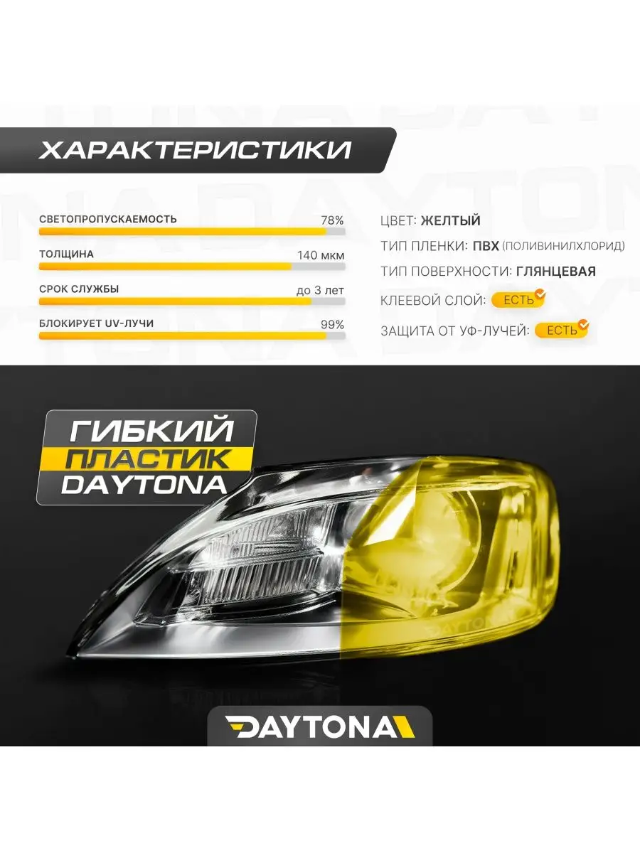 Желтая глянцевая пленка для фар 1м х 30см Daytona 162393226 купить за 354 ₽  в интернет-магазине Wildberries