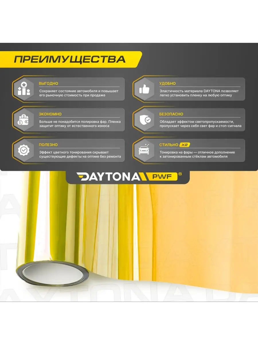 Желтая глянцевая пленка для фар 1м х 30см Daytona 162393226 купить за 354 ₽  в интернет-магазине Wildberries