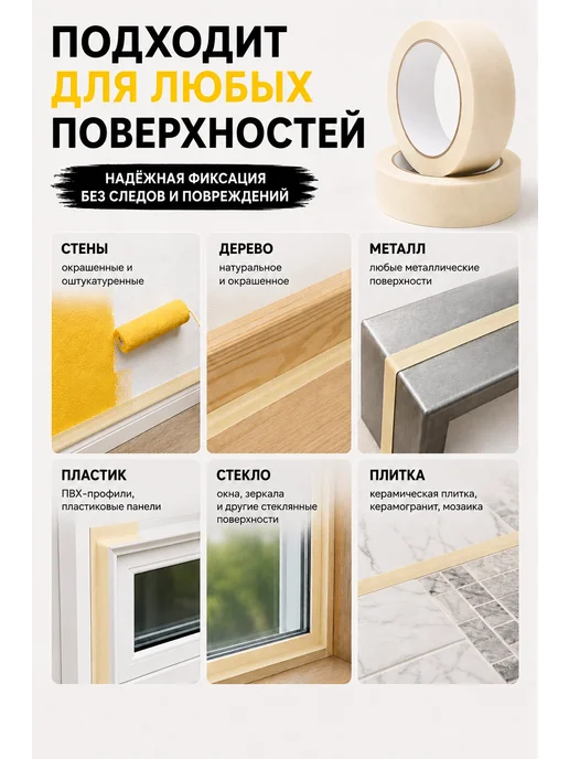 Малярный бумажный скотч 40 метров 6 штук, 40 м, фото 2
