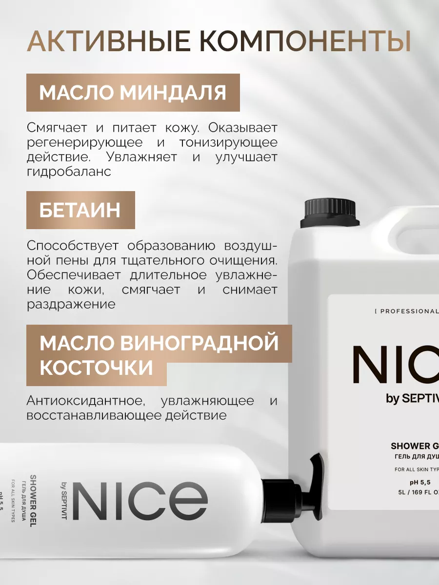 Шампунь для волос 5 литров и гель для душа NICE 5 л SEPTIVIT Premium  162515552 купить за 1 041 ₽ в интернет-магазине Wildberries