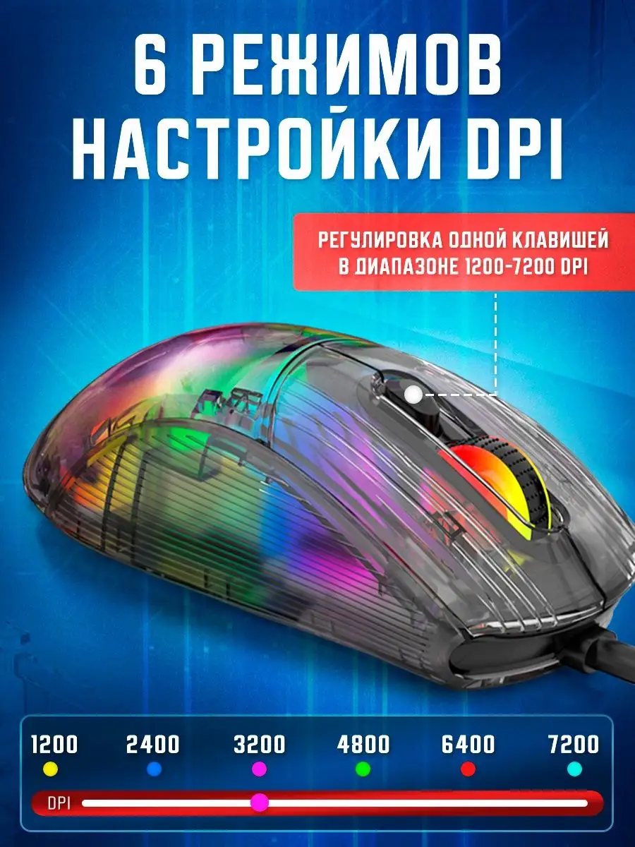 Мышка игровая проводная для компьютера 7200 dpi прозрачная PlayLED  162805316 купить в интернет-магазине Wildberries