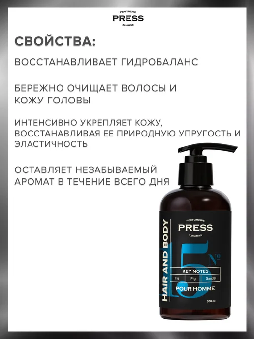 PRESS GURWITZ PERFUMERIE Мужской шампунь 2в1 для волос и тела №15, 300 мл, фото 3