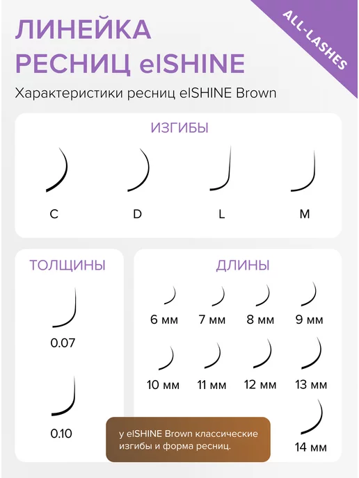 elShine Ресницы для наращивания коричневые микс изгиб L 0.07 7-15мм, коричневый, фото 5