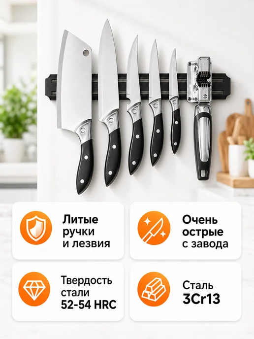 TOOVIVO Набор кухонных ножей 7 предметов с магнитным держателем, черный, фото 2