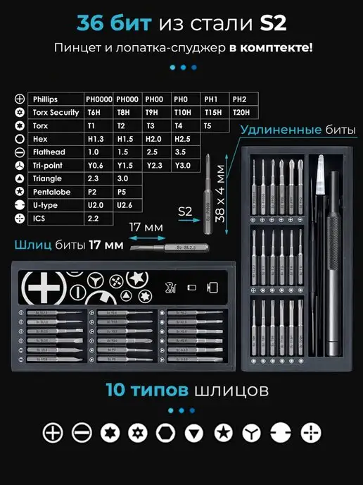 PRO.TOOLS Набор отверток для точных работ и ремонта 50 в 1 - Биты S2, 39 в, фото 2