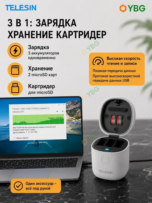 Telesin Зарядное устройство для GoPro Hero 12 11 10 9 белый, белый, фото 3