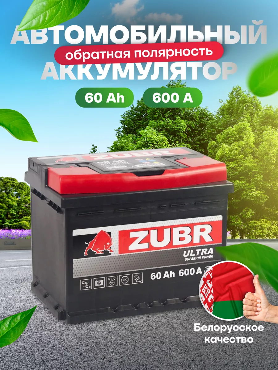 Аккумулятор автомобильный 60 Ач обратная полярность 600 А ZUBR 163519427  купить за 5 996 ₽ в интернет-магазине Wildberries