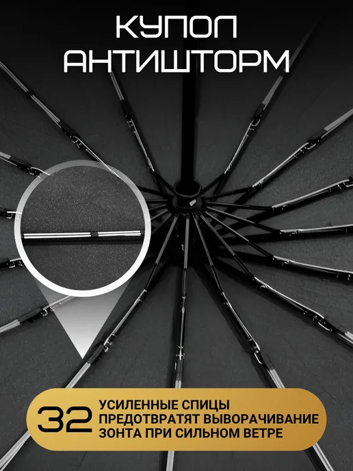 Sizly Зонт автомат антиветер большой складной 32 спицы, черный, фото 2