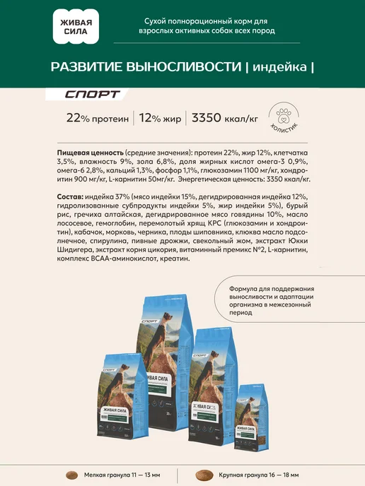 Сухой корм JJ-SPORT Живая Сила для собак, индейка, 0,4 кг, фото 3