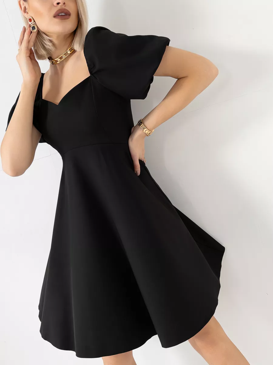 Летнее платье-рубашка на пуговицах с короткими цельнокроеными рукавами черное