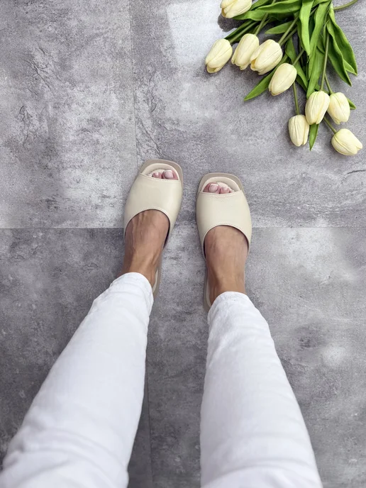 ABI-SHOES Мюли черные из натуральной кожи сандалии низкие, бежевый, фото 2