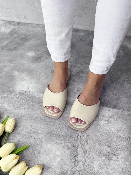ABI-SHOES Мюли черные из натуральной кожи сандалии низкие, бежевый, фото 3
