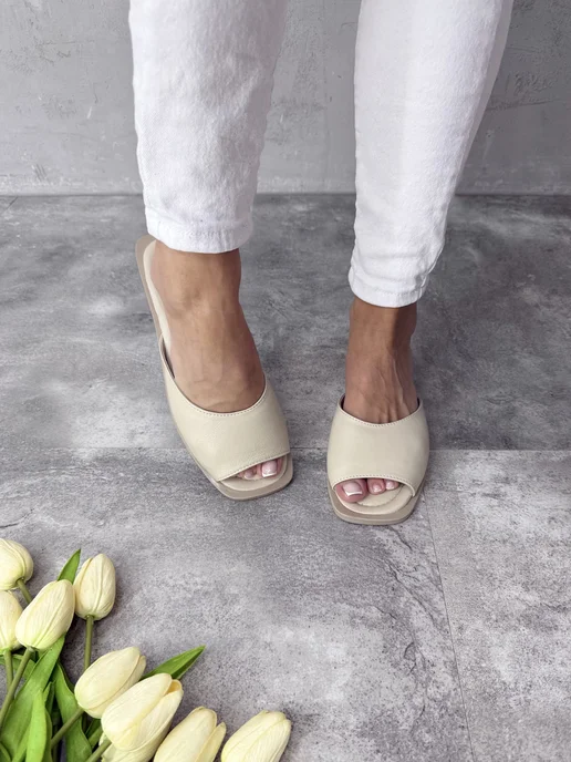 ABI-SHOES Мюли черные из натуральной кожи сандалии низкие, бежевый, фото 4