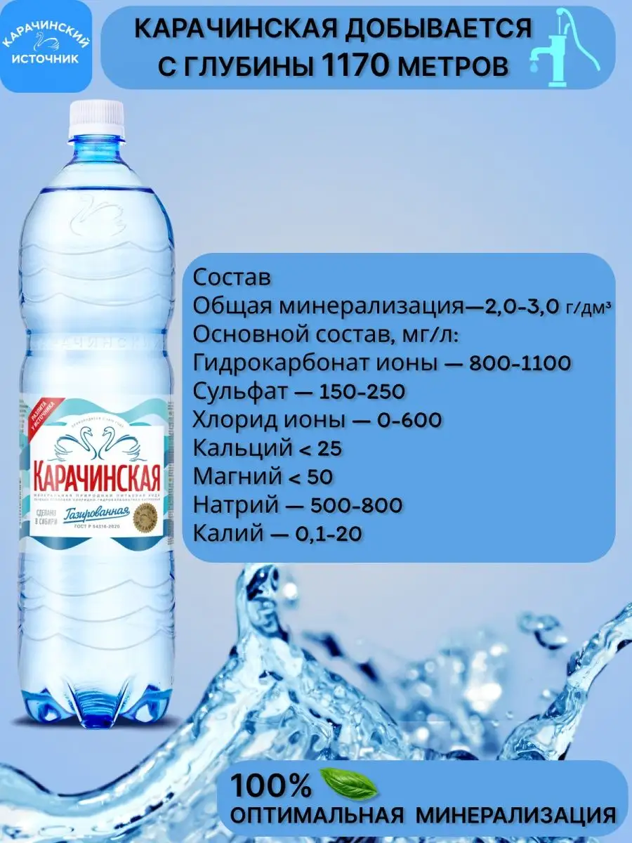 Минеральная вода Карачинская минералка газированная 1,5л6шт Карачинский  Источник 163959171 купить за 563 ₽ в интернет-магазине Wildberries