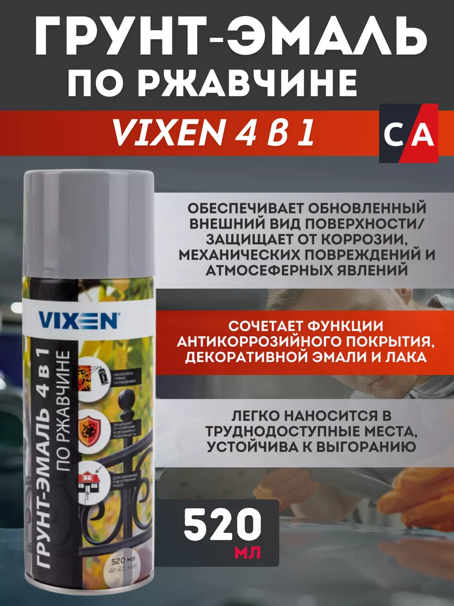 Грунт-эмаль Vixen по ржавчине 4в1 серое окно, 520 мл