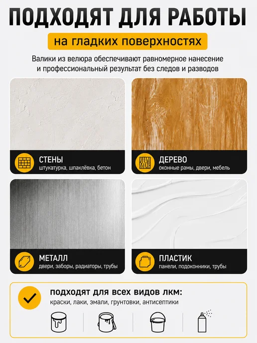 DECOR инструменты Валик велюровый для покраски, короткий ворс, 10 см, 2 шт уп, 2 шт, фото 2