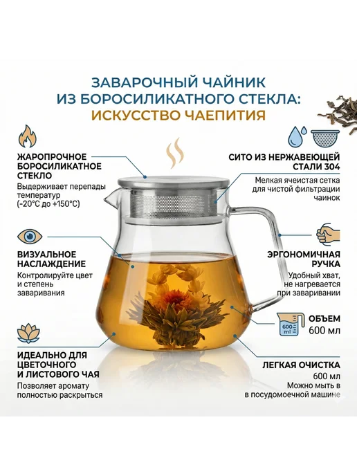 CnGlass Чайник заварочный стеклянный с металлической крышкой 800 мл, 600 мл, фото 5
