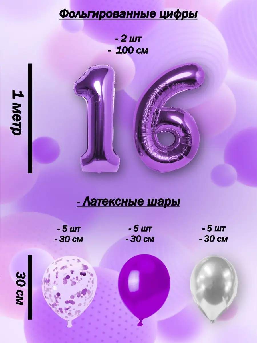 Воздушные шары конфетти цифры набор день рождения 16 лет BALLOON 164879839  купить за 428 ₽ в интернет-магазине Wildberries