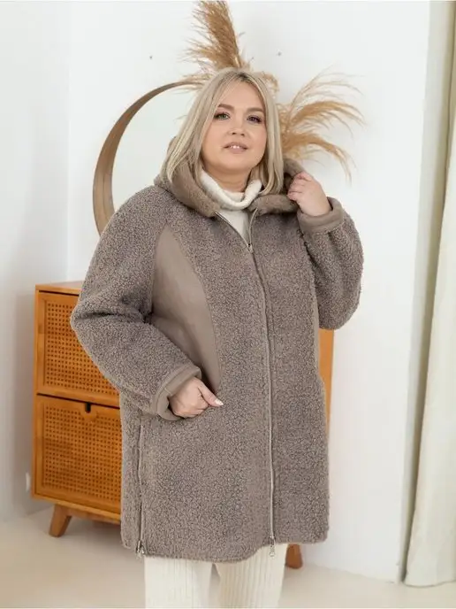 Stuzha Дубленка искусственная зимняя с капюшоном, бежевый, фото 6
