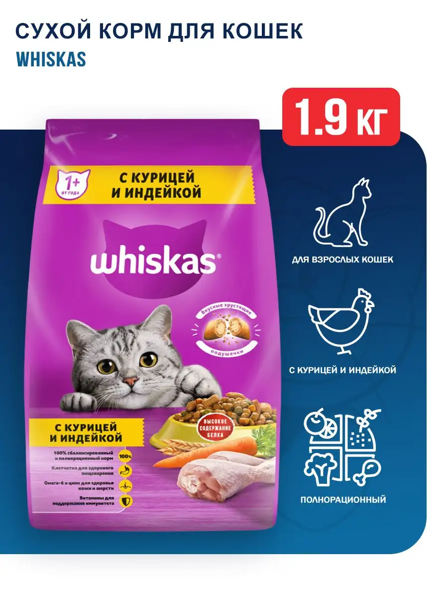 Сухой корм для кошек ассорти с курицей и индейкой - 1,9 кг Whiskas  165307143 купить в интернет-магазине Wildberries