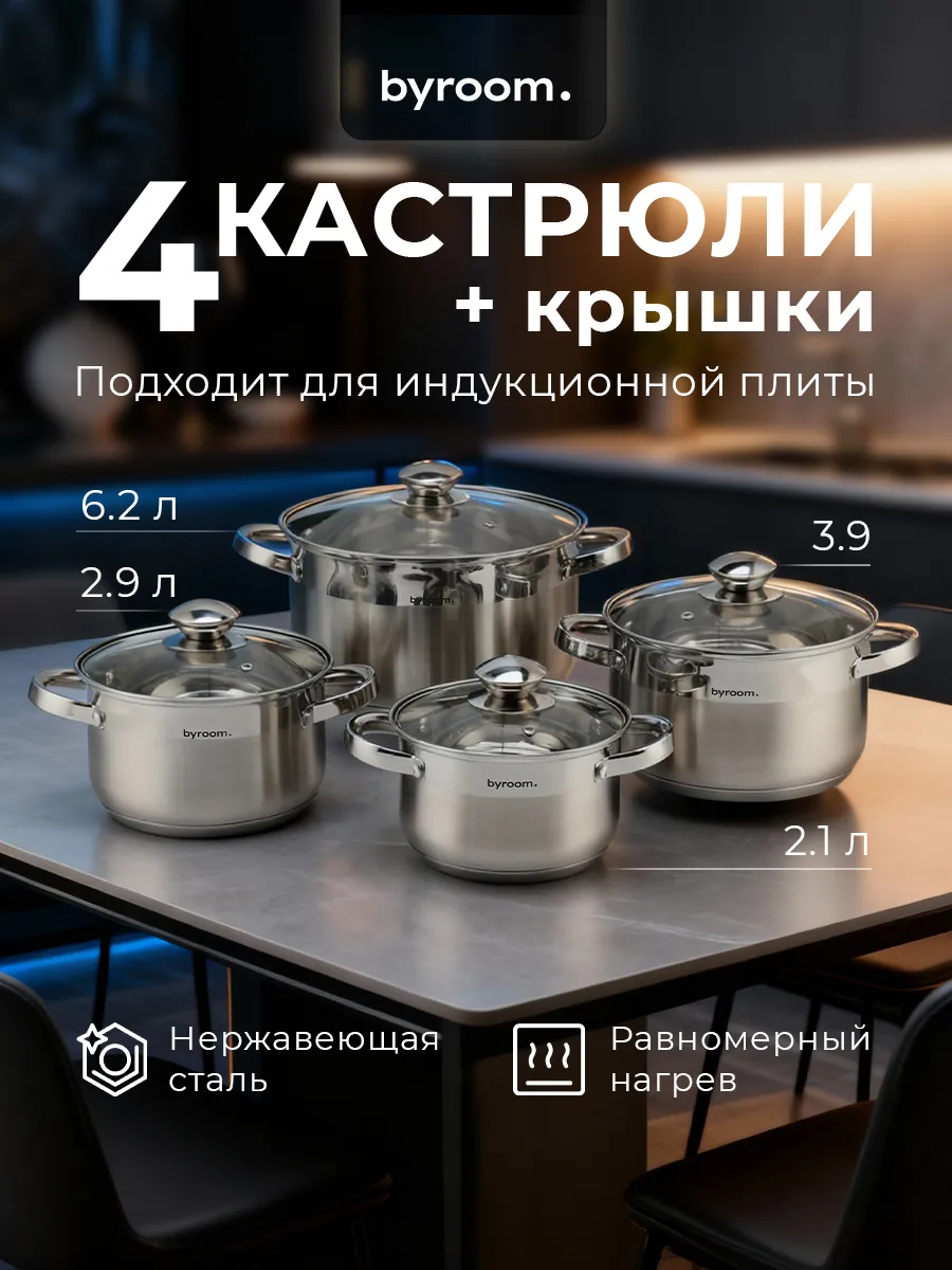 Набор кастрюль из нержавеющей стали с крышками 4 шт